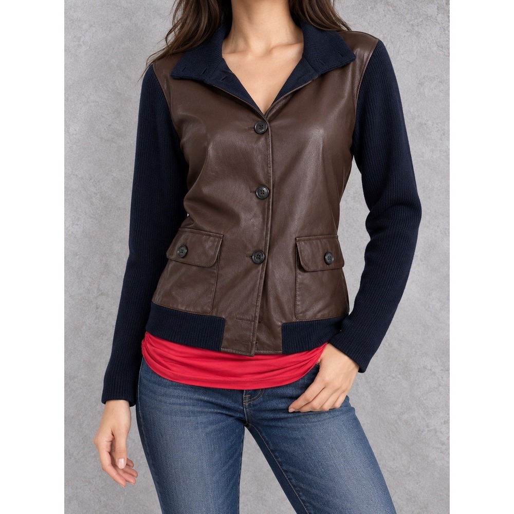 Lauren Ralph Lauren Mixed Media Jacket Womens Large Brown Navy Heritage Academia